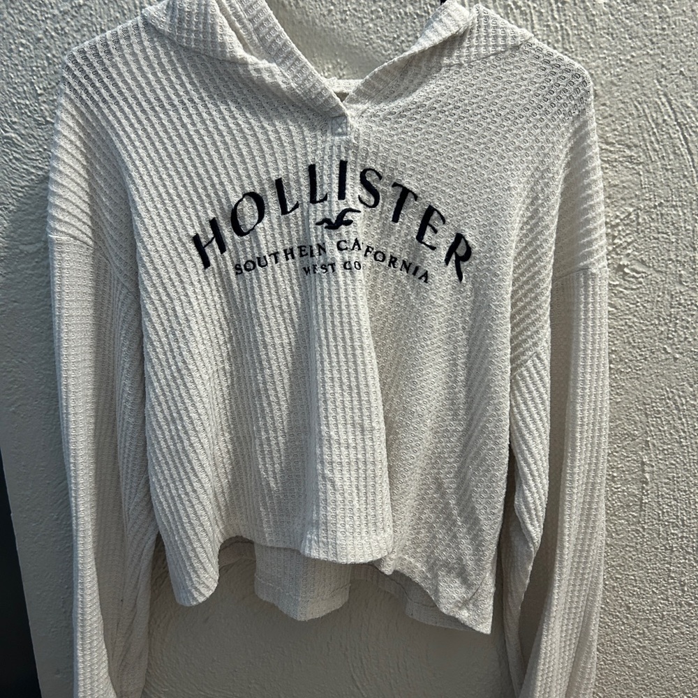 Hollister White Ribbed Crop Hoodie